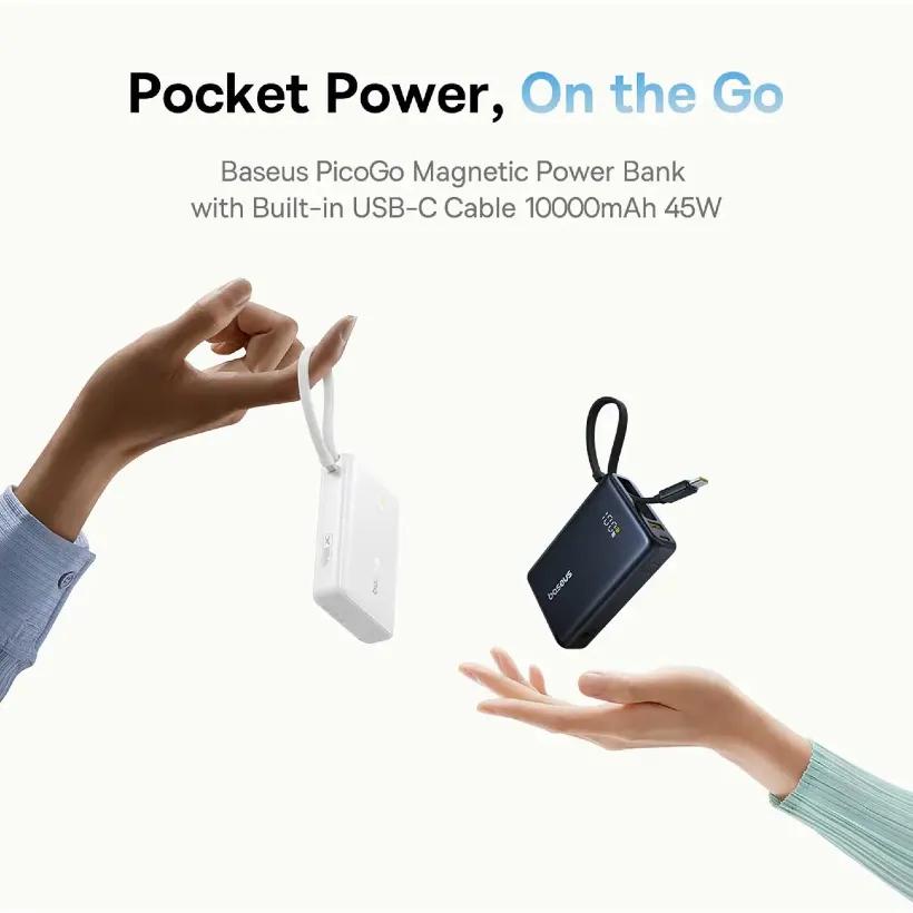 پاوربانک باسئوس مدل Picogo P10076803123 ظرفیت 10000mAh توان 45 وات همراه با کابل متصل image gallery