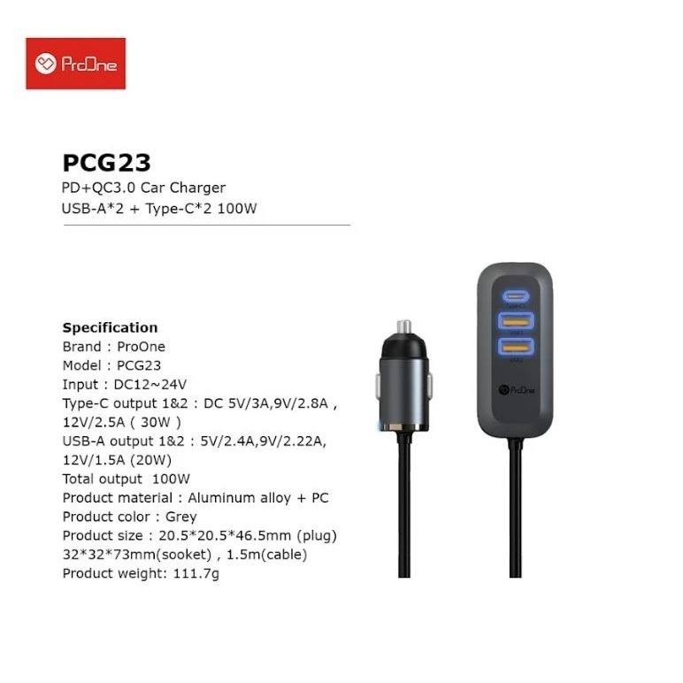 شارژر فندکی پرووان مدل Proone PCG23 توان 100 وات image gallery