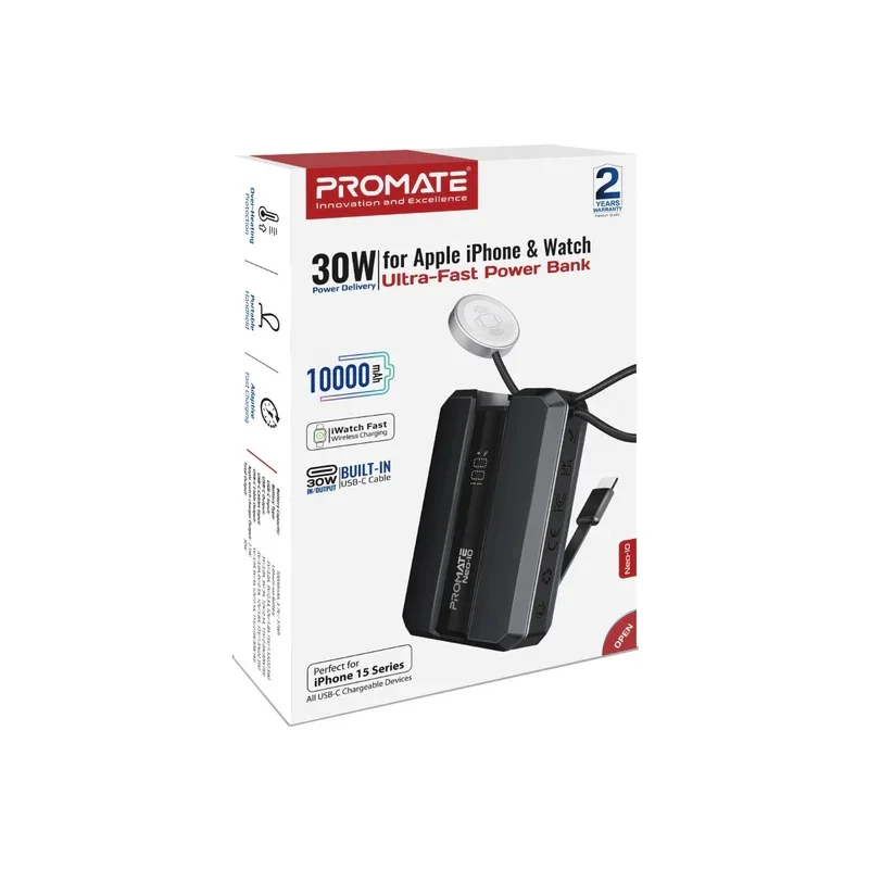 پاوربانک پرومیت مدل Promate NEO-10.BLACK به ظرفیت 10000 میلی‌ آمپر ساعت و دارای پد شارژ اپل واچ image gallery