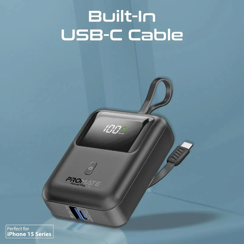 پاوربانک پرومیت مدل POWERPOD-10.BLACK به ظرفیت 10000 میلی‌آمپر ساعت دارای کابل داخلی USB-C image gallery