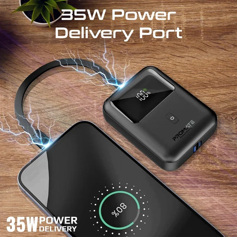 پاوربانک پرومیت مدل POWERPOD-10.BLACK به ظرفیت 10000 میلی‌آمپر ساعت دارای کابل داخلی USB-C image gallery