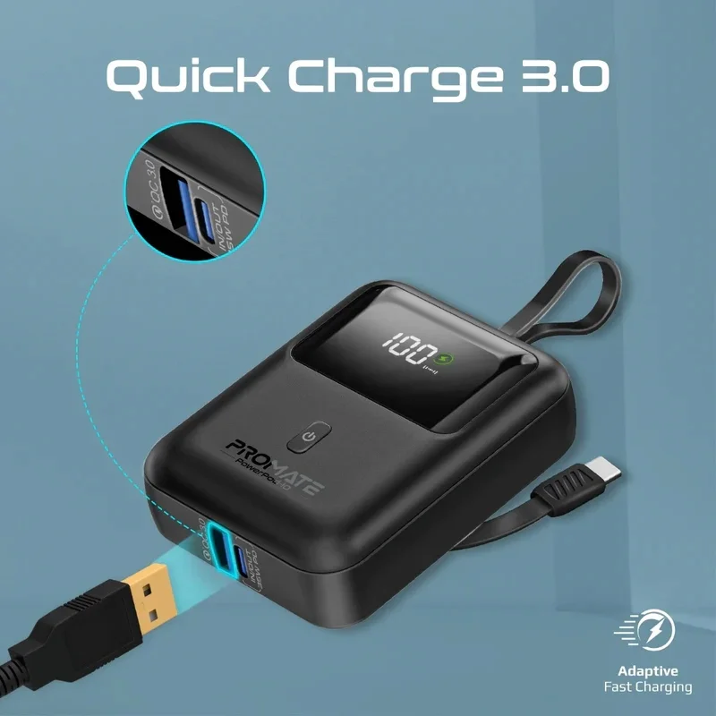 پاوربانک پرومیت مدل POWERPOD-10.BLACK به ظرفیت 10000 میلی‌آمپر ساعت دارای کابل داخلی USB-C image gallery