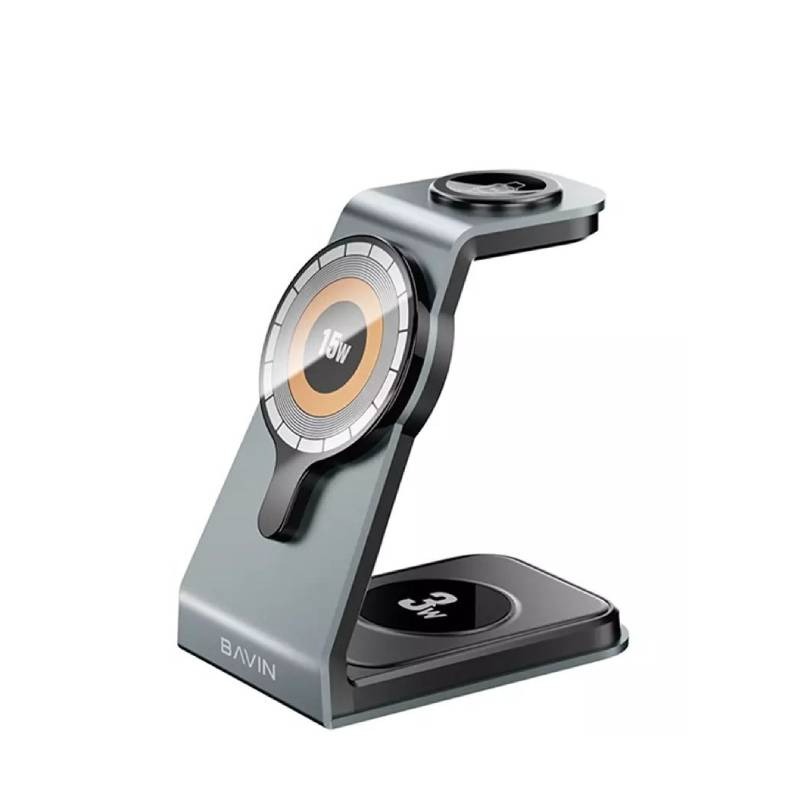 استند و شارژر وایرلس چندکاره مگ سیف باوین مدل PC1076 3in1 توان 15 وات با قابلیت شارژ اپل واچ