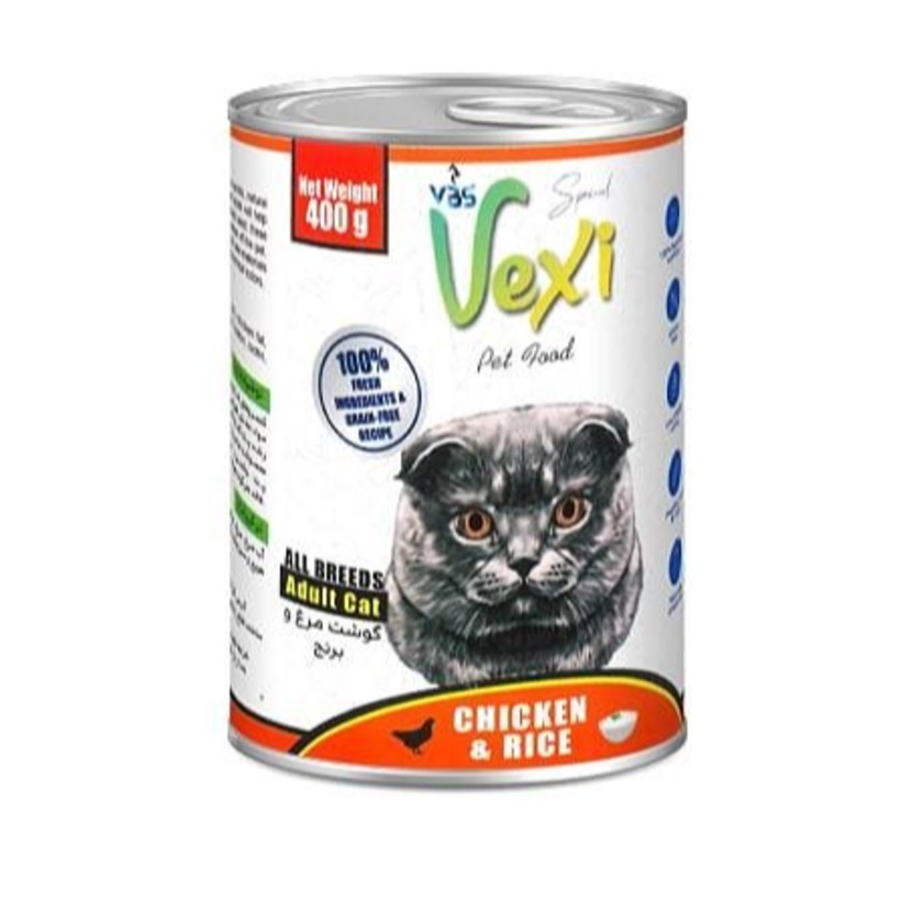 کنسرو گربه بالغ وکسی vexi طعم مرغ و برنج 400g