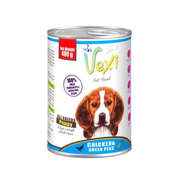 کنسرو سگ بالغ وکسی vexi طعم مرغ و نخود فرنگی 400g