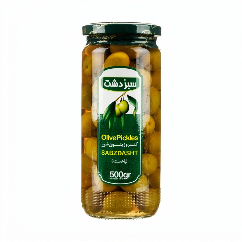 زیتون شور با هسته سبز دشت وزن 500 گرمی (بسته 12 عددی)