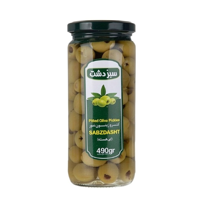 زیتون شور بی هسته سبز دشت وزن 490 گرمی (بسته 12 عددی)