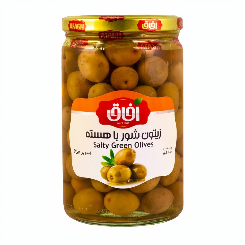 زیتون شور با هسته آفاق وزن 680 گرمی (بسته 12 عددی)