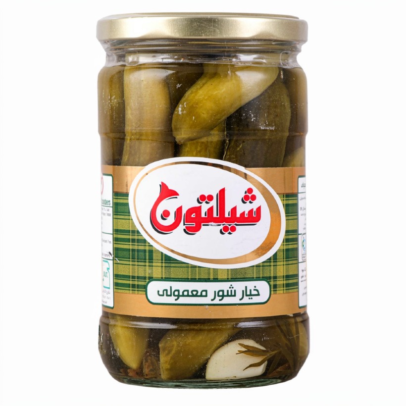 خیارشور معمولی شیلتون ظرف شیشه ای وزن 680 گرمی (بسته 12 عددی)