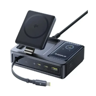 هاب شارژر 3 پورت و شارژر وایرلس بیسوس مدل P10170901123 Nomos Qi2 CCNMS140 توان 140 وات