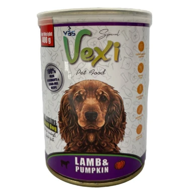 کنسرو سگ بالغ وکسی vexi طعم گوشت بره و کدو تنبل 400g