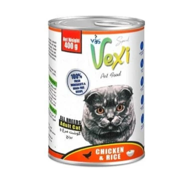 کنسرو گربه بالغ وکسی vexi طعم مرغ و برنج 400g