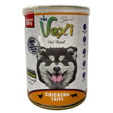 کنسرو سگ بالغ وکسی vexi طعم مرغ و سیرابی 400g