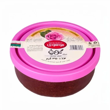 مربا گل سرخ موسوی طرح ویترا وزن 350 گرمی (کارتن 12 عددی)