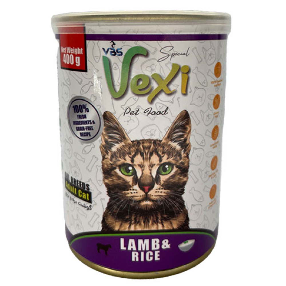 کنسرو گربه بالغ وکسی vexi طعم گوشت بره و برنج 400g