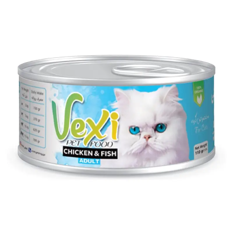 کنسرو گربه بالغ وکسی vexi طعم مرغ و ماهی 110g